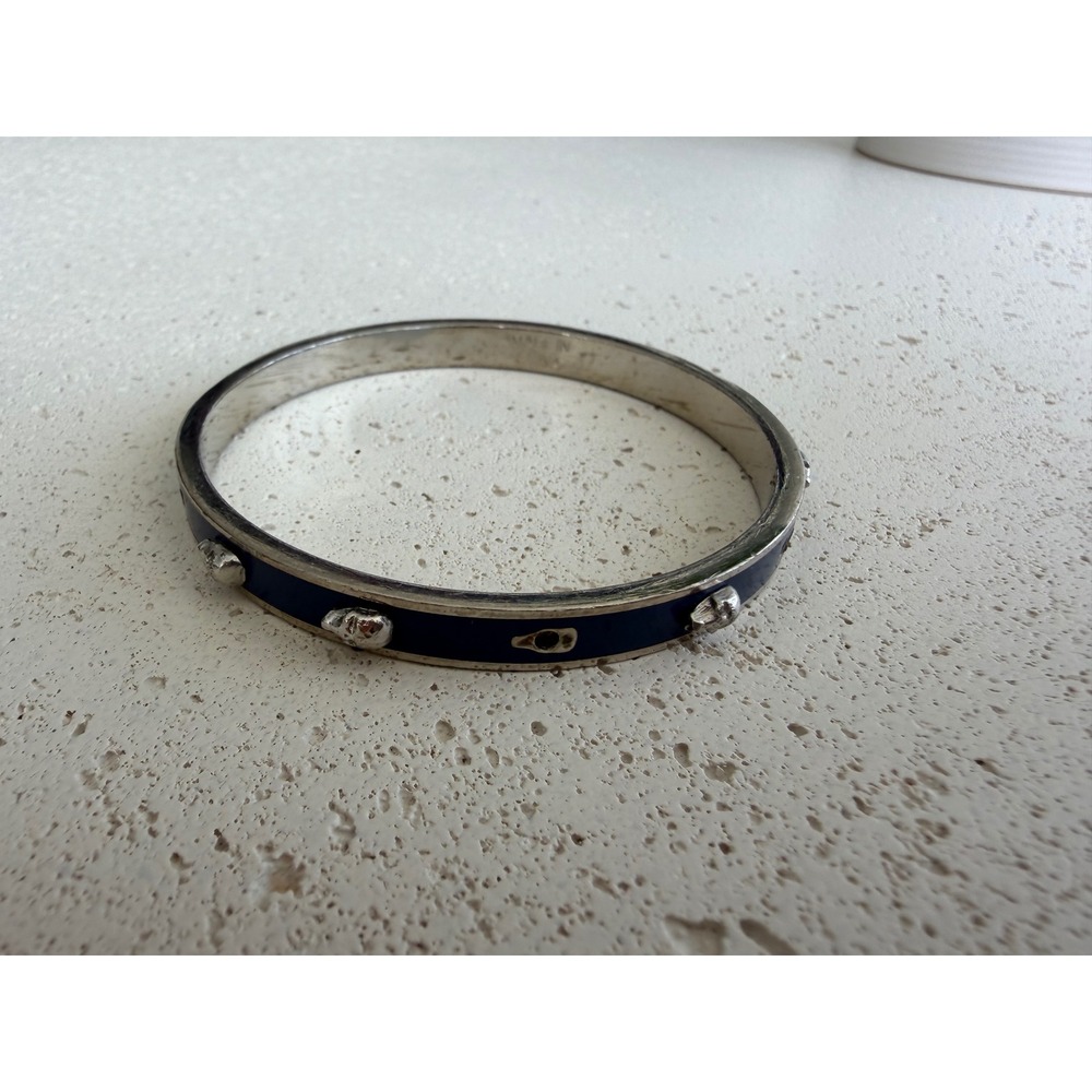 Alexander McQueen Navy Blue Enamel Silver Skull Bangle Bracelet Designer Jewelry - Picture 2 of 10
